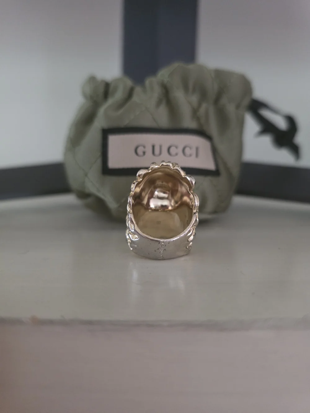Gucci Lion Head Ring Synthetic Green Emerald Gemstone